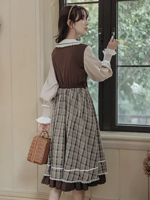 ロリータファッション 【クラシカルロリータ】英国ブラウンチェックアカデミックワンピース