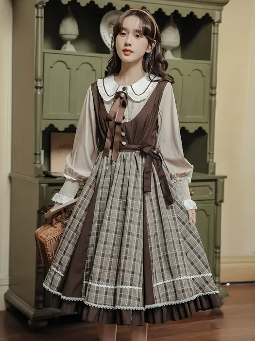 ロリータファッション 【クラシカルロリータ】英国ブラウンチェックアカデミックワンピース