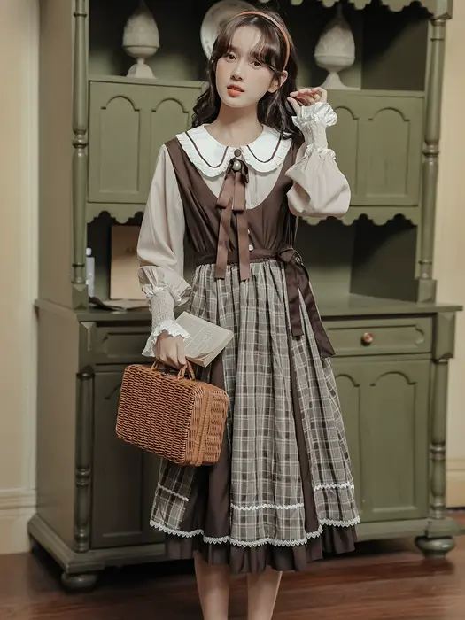 ロリータファッション 【クラシカルロリータ】英国ブラウンチェックアカデミックワンピース