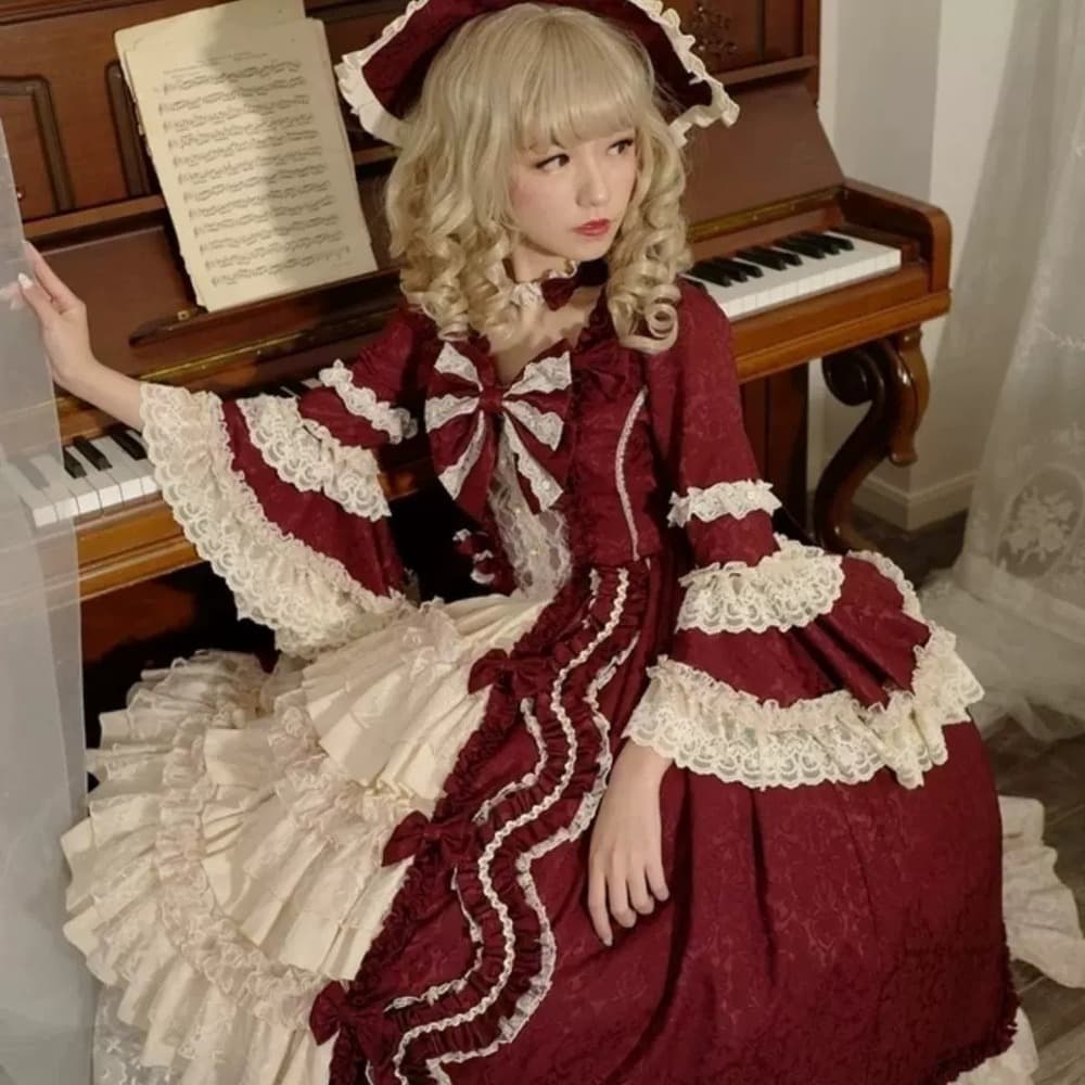 ロリータファッション 【クラシカルロリータ】ベルフレアスリーブプリンセスドレスワンピース