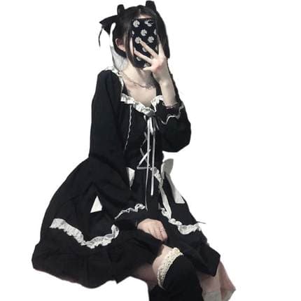 ロリータファッション【ゴスロリ】フリルリボン シンプルブラックワンピース