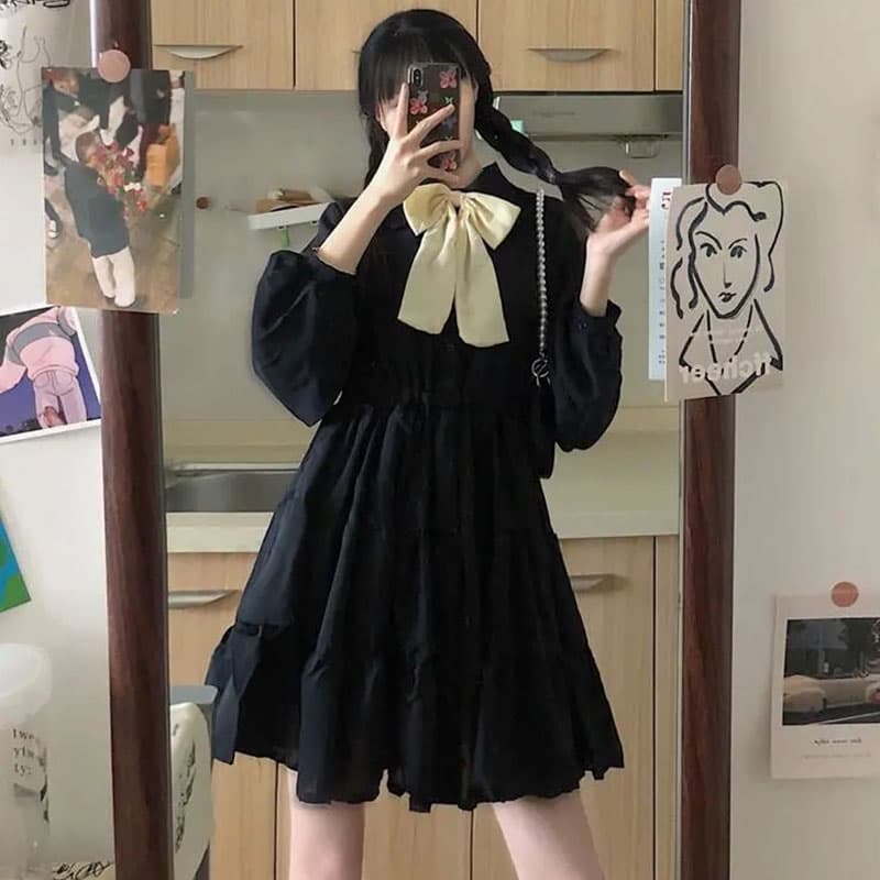 ロリータファッション【ゴスロリ】リボン付き ブラックのフリルワンピース