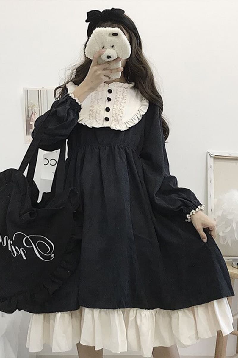 ロリータファッション【ゴスロリ】シンプルなブラックxホワイト ロリータワンピース