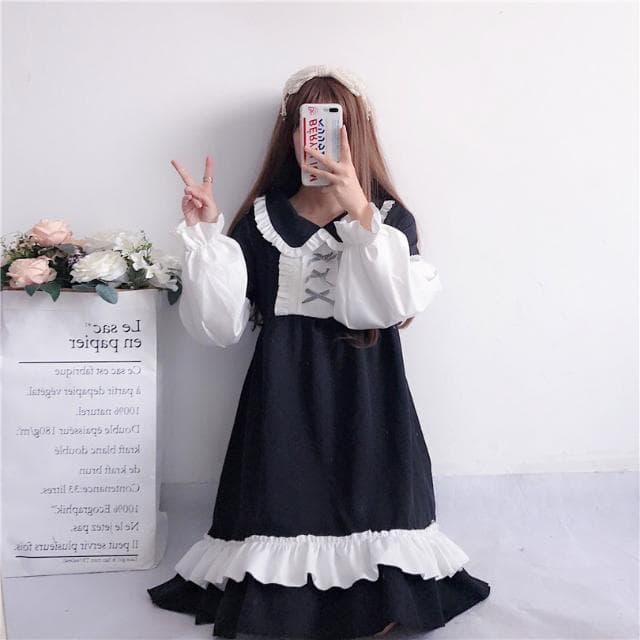 ロリータファッション【ゴスロリ】シンプルブラックロリータ服