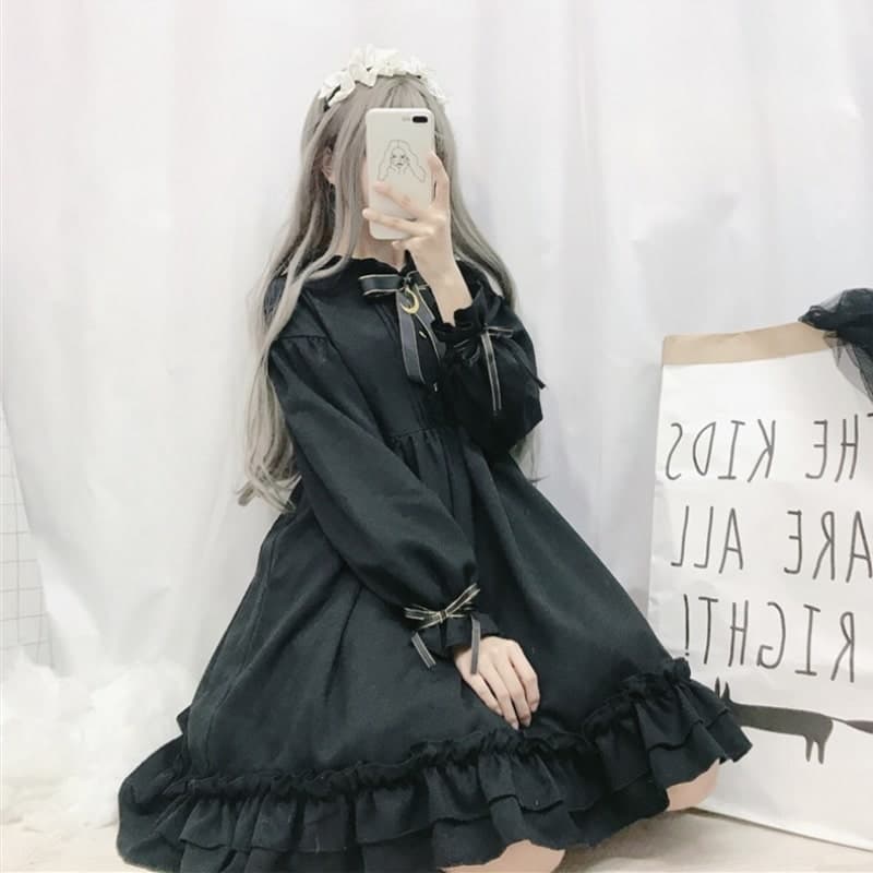 ロリータファッション【ゴスロリ】リボン付き フルブラックロリータ服