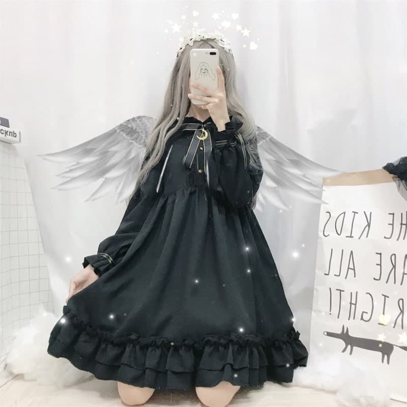 ロリータファッション【ゴスロリ】リボン付き フルブラックロリータ服