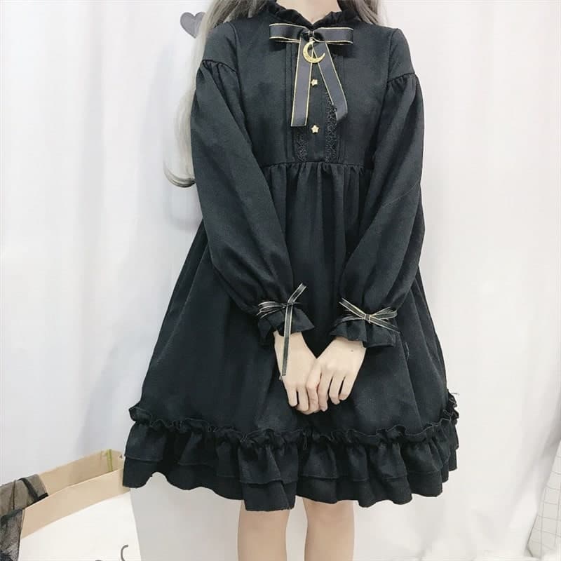 ロリータファッション【ゴスロリ】リボン付き フルブラックロリータ服