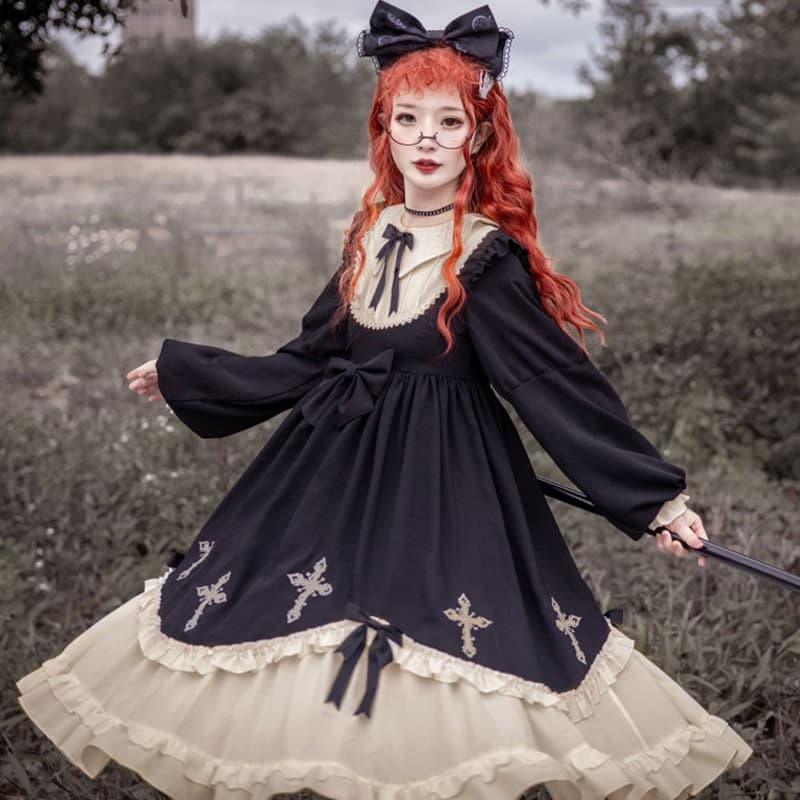 ロリータファッション【ゴスロリ】シスターウィッチブラックリボンドレスワンピース