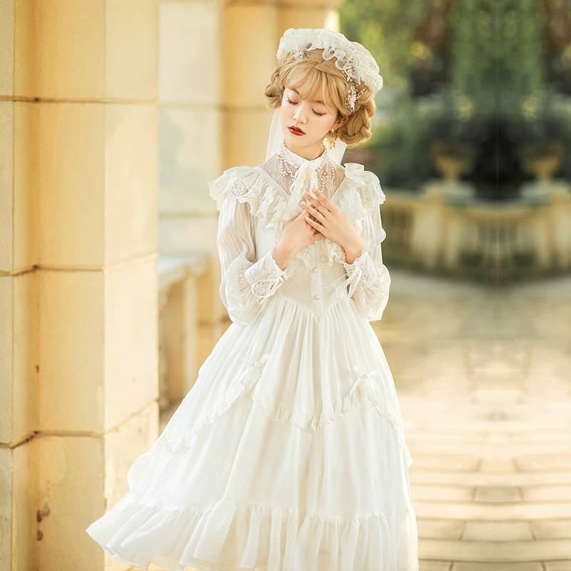 ロリータファッション 【クラシカルロリータ】レトロウェディングドレス風長袖ドレス