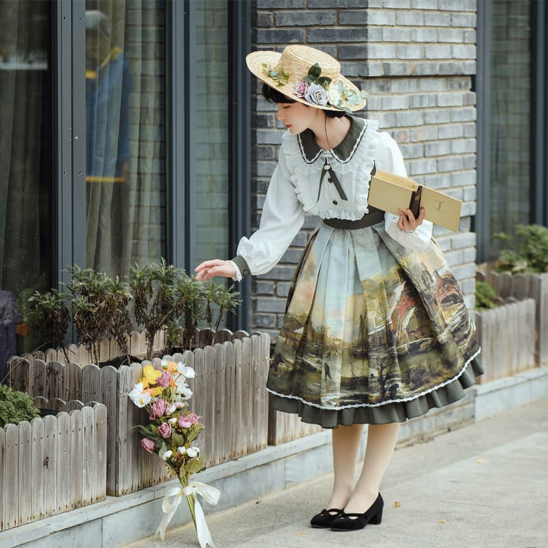 ロリータファッション【甘ロリータ】レトロ風油絵モチーフドレス