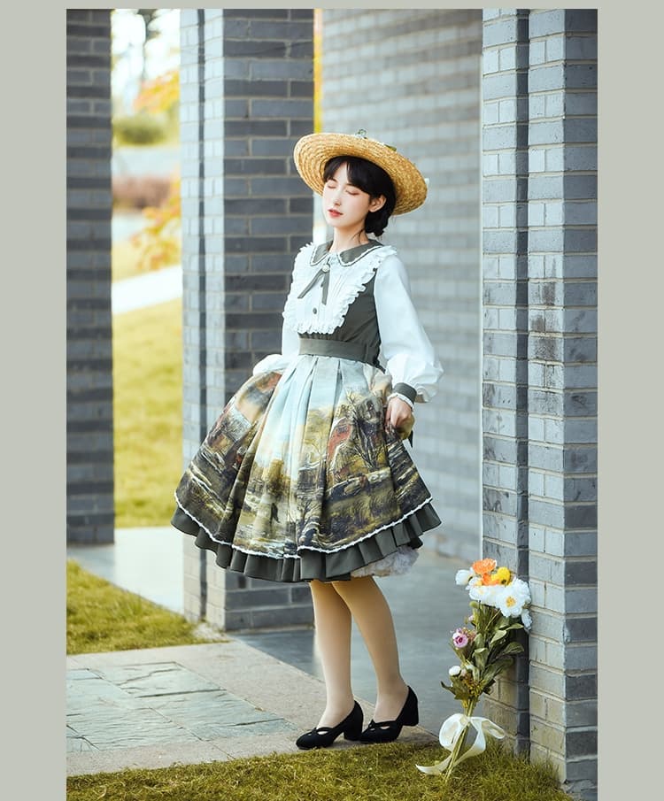 ロリータファッション【甘ロリータ】レトロ風油絵モチーフドレス