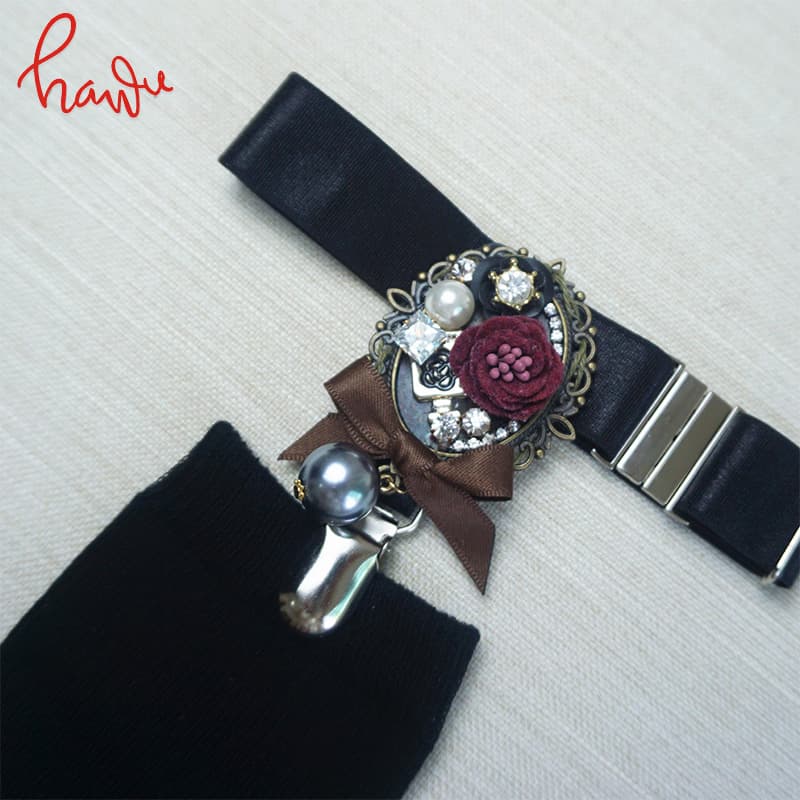 ロリータファッション【ゴスロリ】ロリータガーターベルト ブラックソックス ローズレッグリング ガーターベルト付き