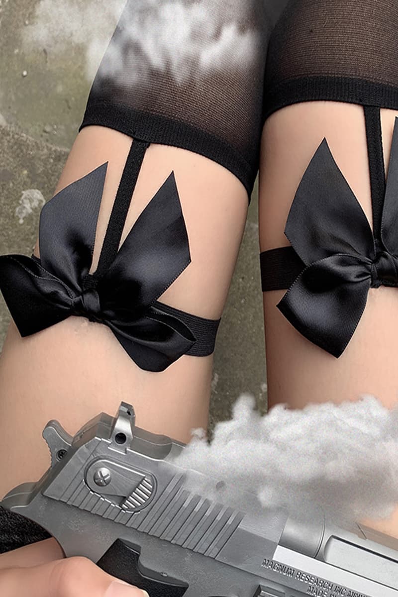 ロリータファッション【ゴスロリ】ロリータガーターベルト ブラックタイツ リボンガーター ロリータファッション