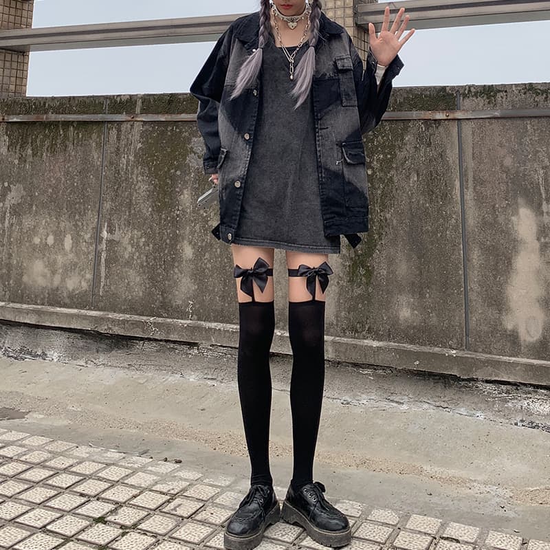 ロリータファッション【ゴスロリ】ロリータガーターベルト ブラックタイツ リボンガーター ロリータファッション