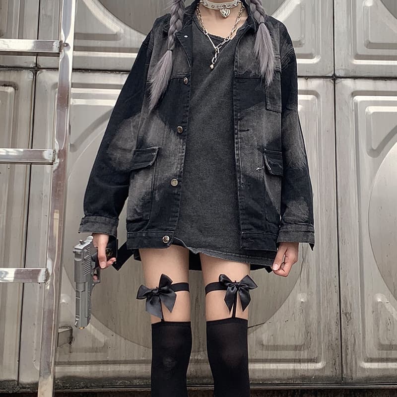 ロリータファッション【ゴスロリ】ロリータガーターベルト ブラックタイツ リボンガーター ロリータファッション