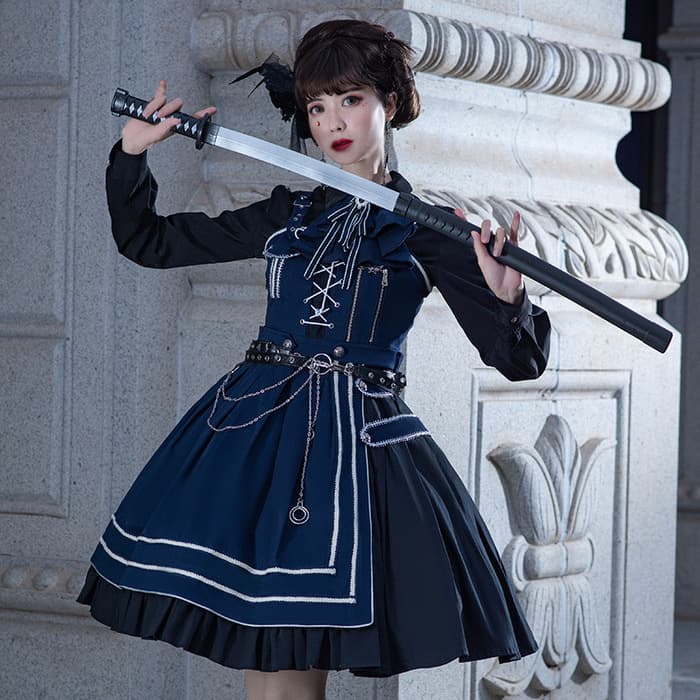 ロリータファッション【軍服ロリータ】ブルーミリタリーワンピース マントセット