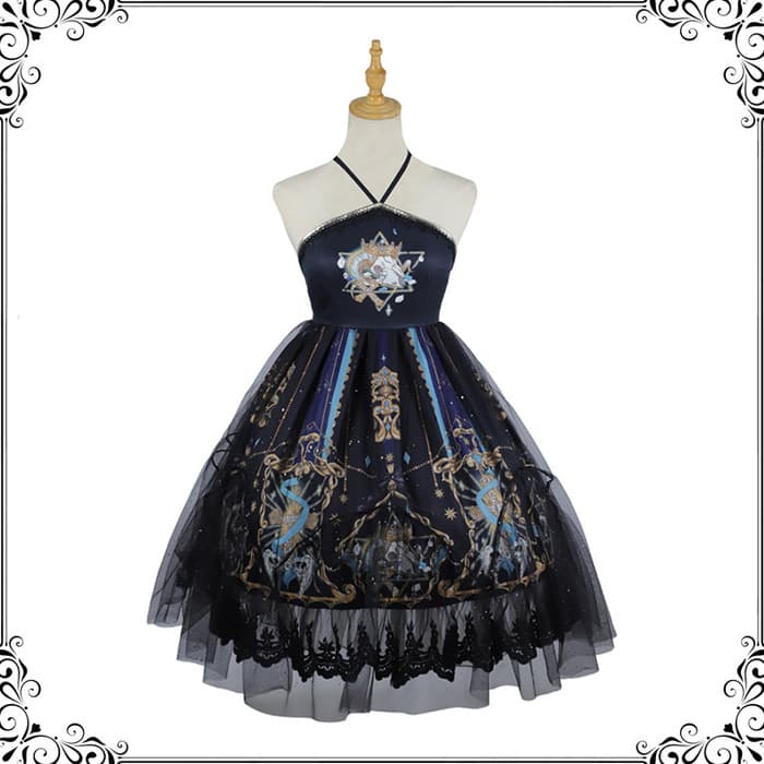 ロリータファッション 【ゴスロリ】ゴシックロリータ ホルターネックミニワンピース チュールコルセットスカートセット