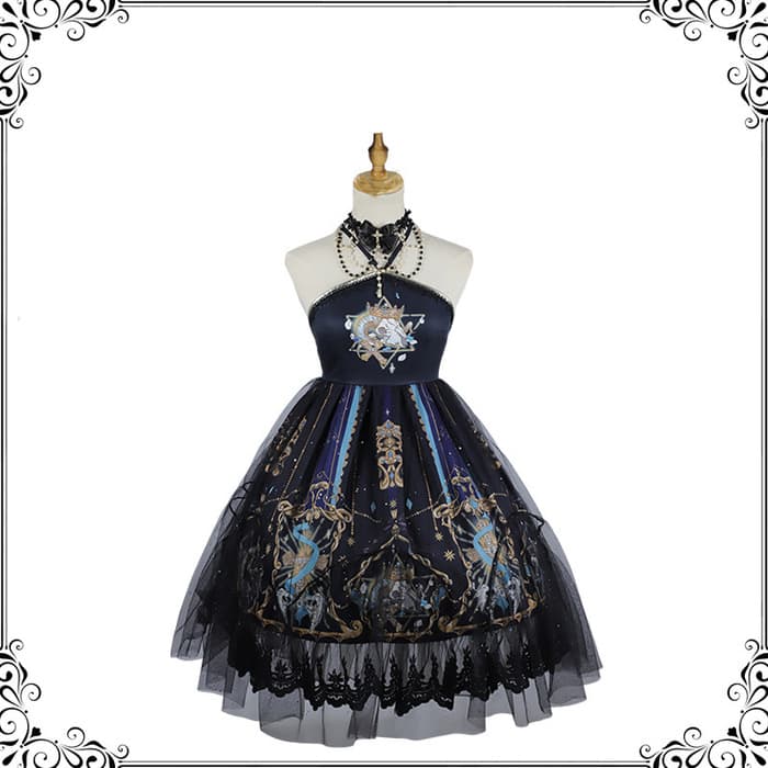 ロリータファッション 【ゴスロリ】ゴシックロリータ ホルターネックミニワンピース チュールコルセットスカートセット