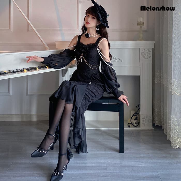 ロリータファッション 【ゴスロリ】ゴシックロリータ ブラックフィッシュテールタイトワンピース ジャンパースカート単品