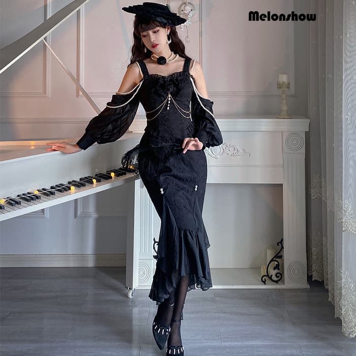 ロリータファッション 【ゴスロリ】ゴシックロリータ ブラックフィッシュテールタイトワンピース ジャンパースカート単品