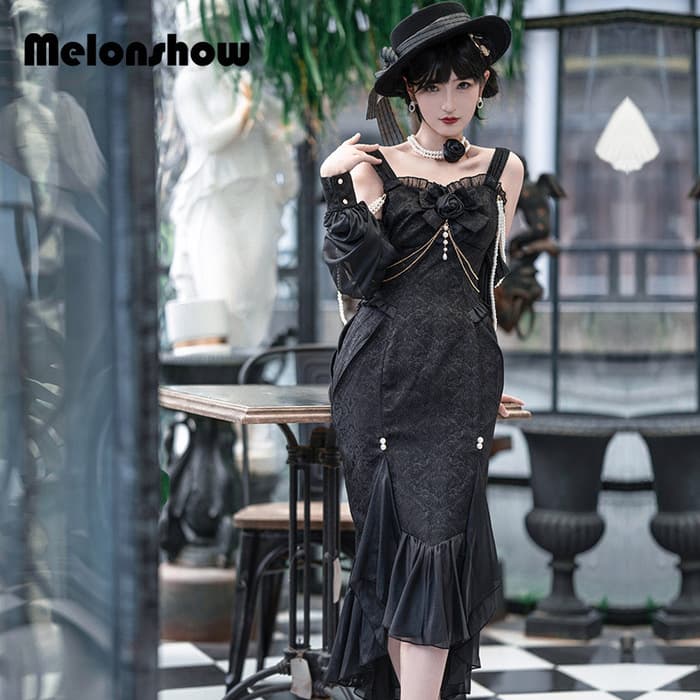 ロリータファッション 【ゴスロリ】ゴシックロリータ ブラックフィッシュテールタイトワンピース ジャンパースカート単品