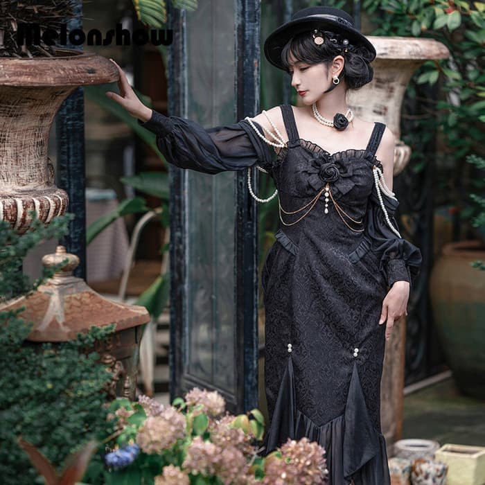 ロリータファッション 【ゴスロリ】ゴシックロリータ ブラックフィッシュテールタイトワンピース ジャンパースカート単品