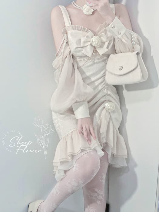 ロリータファッション 【クラシカルロリータ】スノーホワイトアシンメトリーギャザーフリルドレス