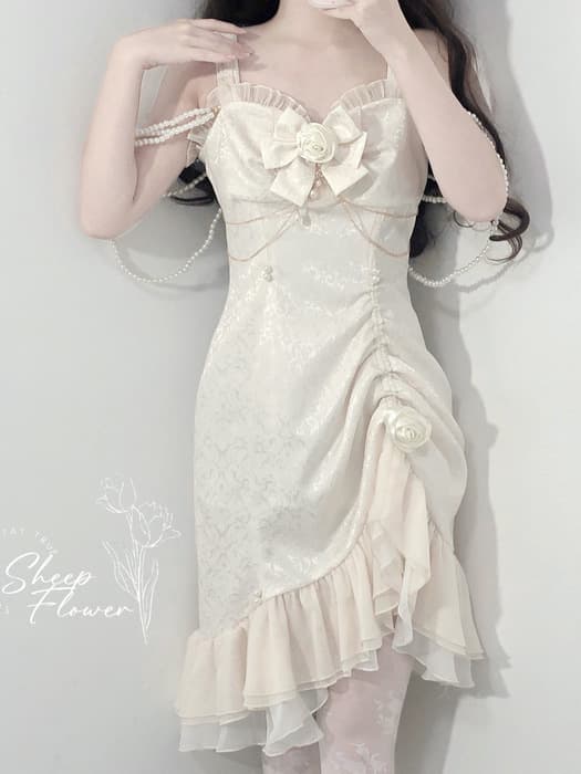 ロリータファッション 【クラシカルロリータ】スノーホワイトアシンメトリーギャザーフリルドレス