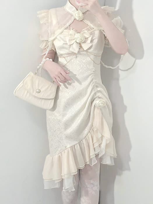 ロリータファッション 【クラシカルロリータ】スノーホワイトアシンメトリーギャザーフリルドレス