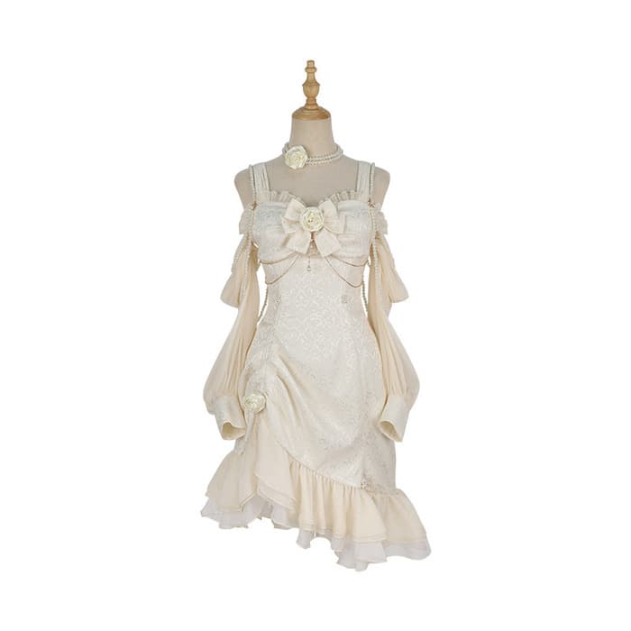 ロリータファッション 【クラシカルロリータ】スノーホワイトアシンメトリーギャザーフリルドレス