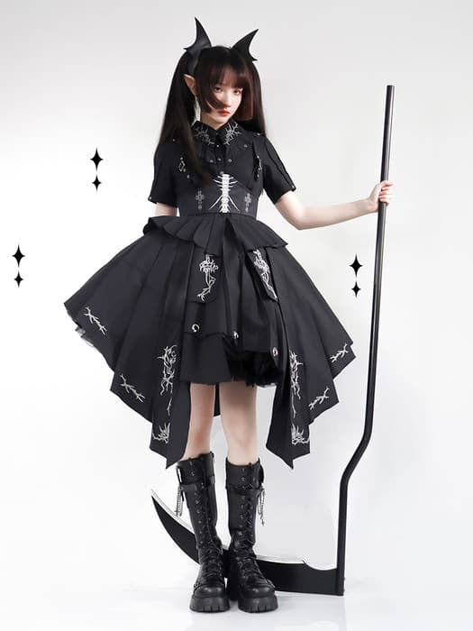 ロリータファッション 【ゴスロリ】ブラックアシンメトリーワンピース