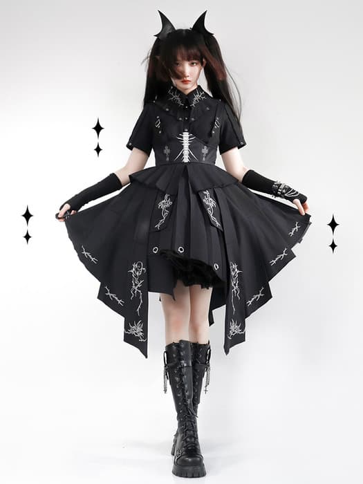 ロリータファッション 【ゴスロリ】ブラックアシンメトリーワンピース