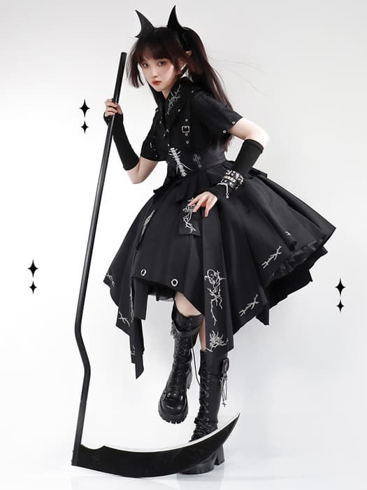 ロリータファッション 【ゴスロリ】ブラックアシンメトリーワンピース