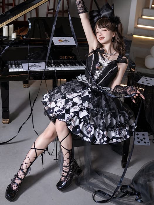 ロリータファッション 【ゴスロリ】ゴシックロリータ トランプモチーフセットアップ ビスチェ単品