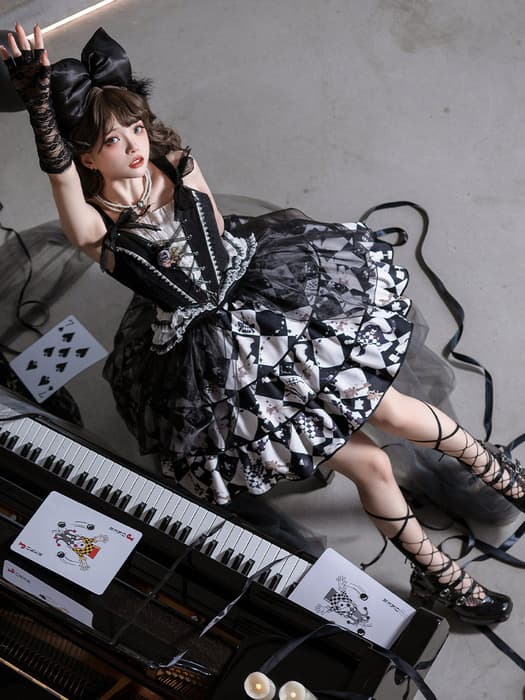 ロリータファッション 【ゴスロリ】ゴシックロリータ トランプモチーフセットアップ ビスチェ単品