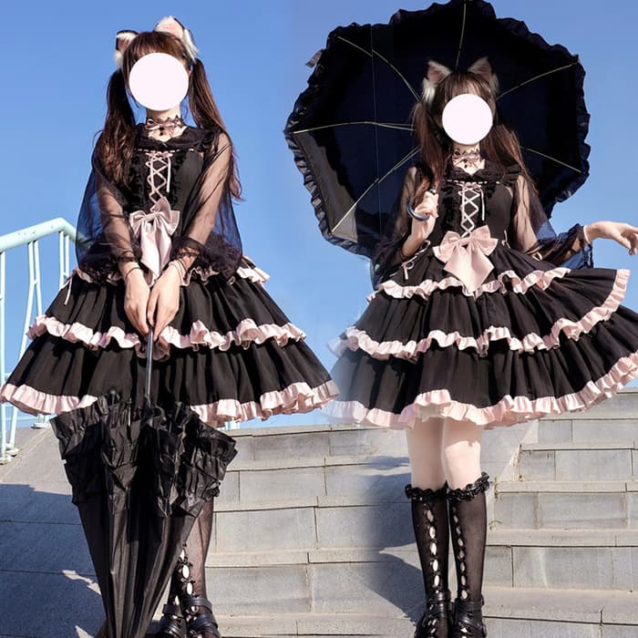 ロリータファッション【ゴスロリ】ゴシックロリィータ 黒×ピンク病みかわセットアップ ジャンパースカート単品