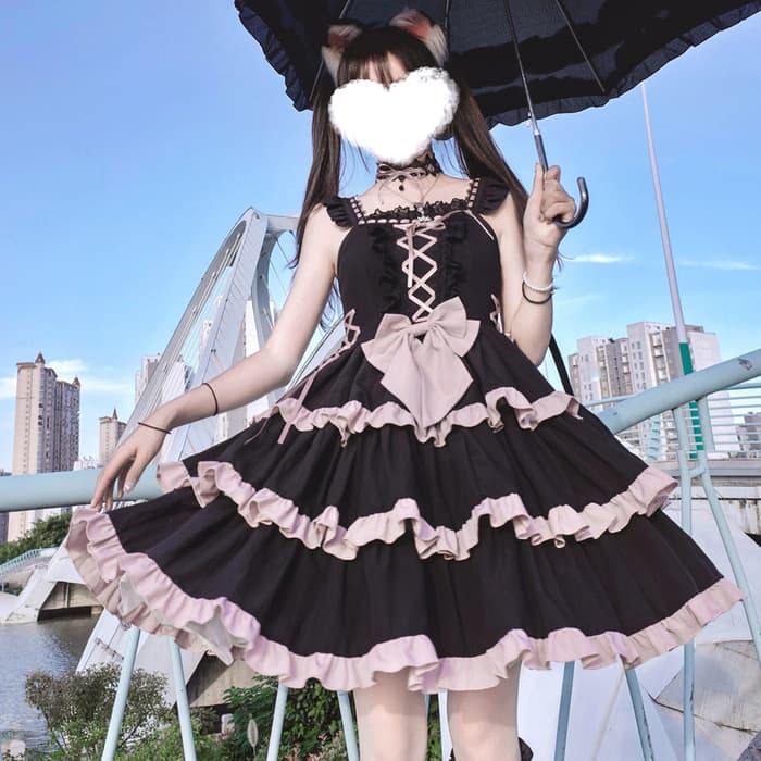 ロリータファッション【ゴスロリ】ゴシックロリィータ 黒×ピンク病みかわセットアップ ジャンパースカート単品