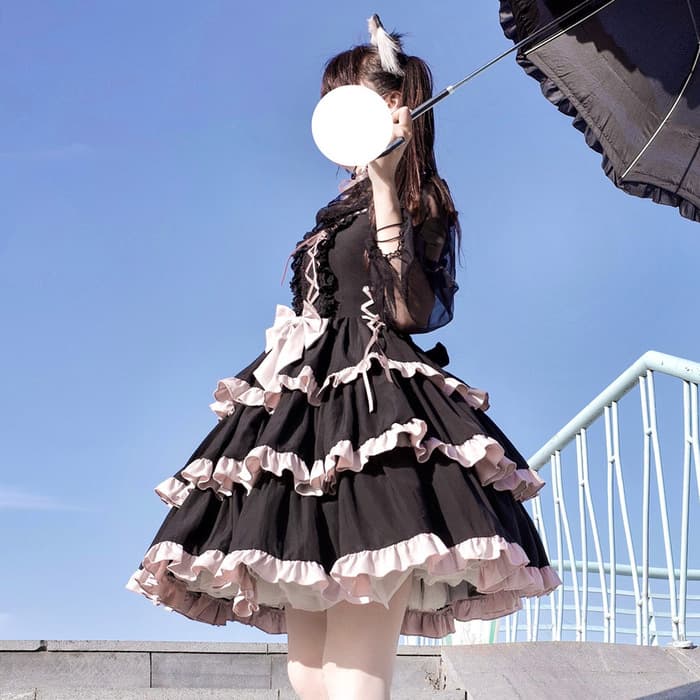 ロリータファッション【ゴスロリ】ゴシックロリィータ 黒×ピンク病みかわセットアップ ジャンパースカート単品