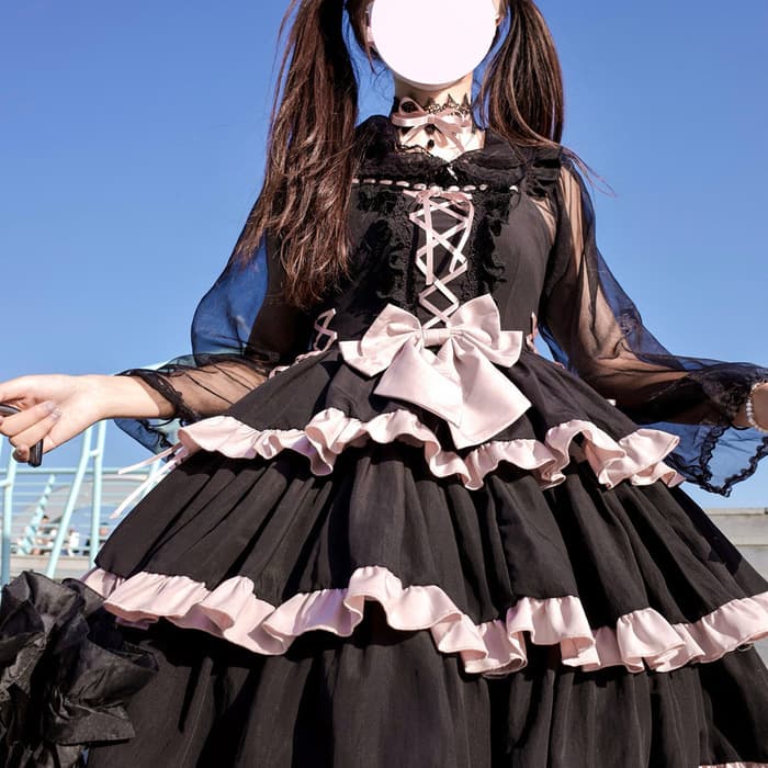 ロリータファッション【ゴスロリ】ゴシックロリィータ 黒×ピンク病みかわセットアップ ジャンパースカート単品