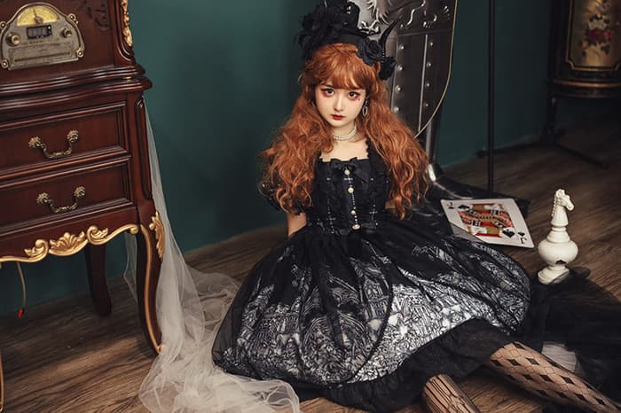 ロリータファッション 【クラシカルロリータ】ゴシックロリータ 十字架モチーフ ドール風ワンピース 半袖ワンピースタイプ