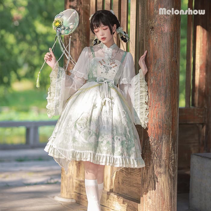 ロリータファッション 【中華ロリータ】パステルグリーンロリータドレス フルセット