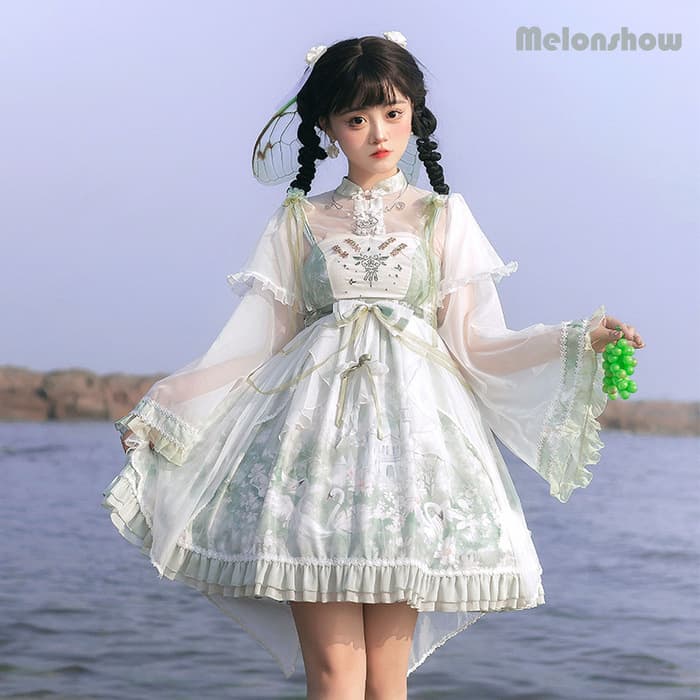 ロリータファッション 【中華ロリータ】パステルグリーンロリータドレス フルセット
