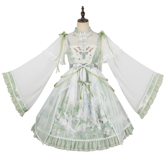 ロリータファッション 【中華ロリータ】パステルグリーンロリータドレス フルセット