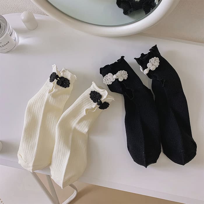 ロリータファッション 【中華ロリータ】ワンポイントチャイナモノクロソックス
