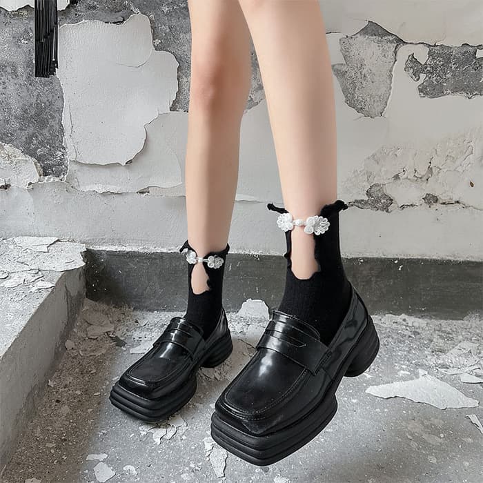 ロリータファッション 【中華ロリータ】ワンポイントチャイナモノクロソックス