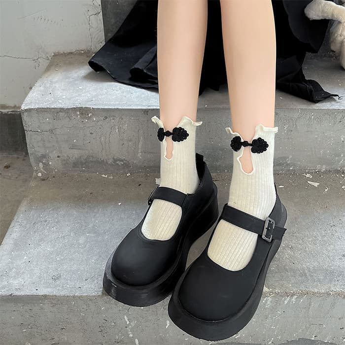 ロリータファッション 【中華ロリータ】ワンポイントチャイナモノクロソックス