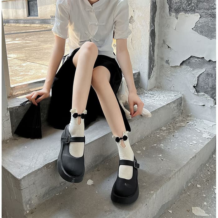 ロリータファッション 【中華ロリータ】ワンポイントチャイナモノクロソックス