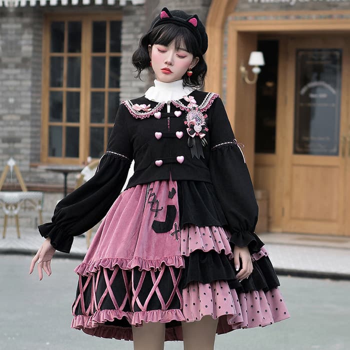 ロリータファッション 【ゴスロリ】ゴシックロリータ 黒×ピンクアシンメトリーセットアップ トップス単品