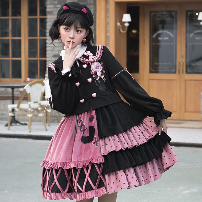 ロリータファッション 【ゴスロリ】ゴシックロリータ 黒×ピンクアシンメトリーセットアップ トップス単品