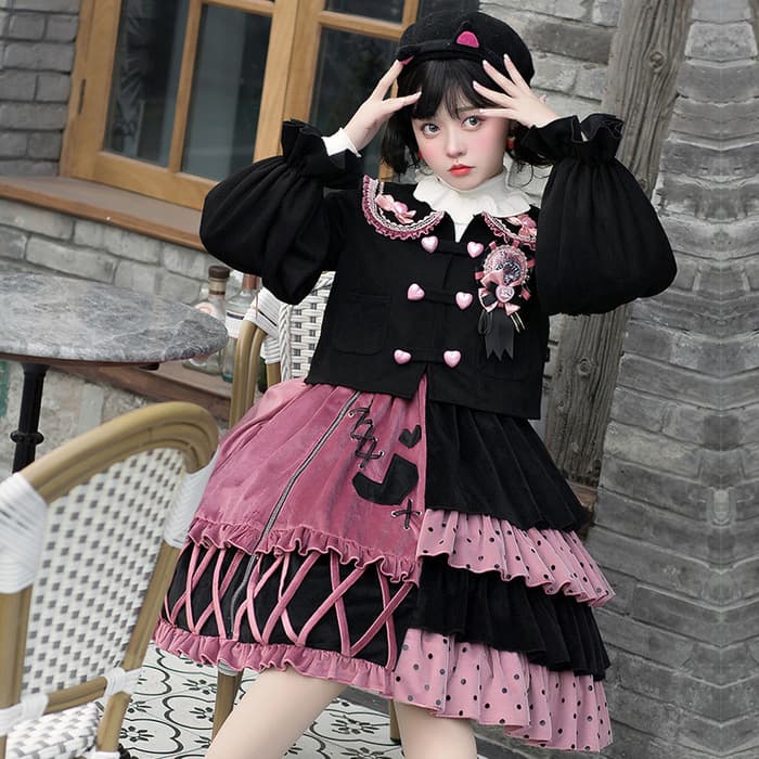 ロリータファッション 【ゴスロリ】ゴシックロリータ 黒×ピンクアシンメトリーセットアップ トップス単品